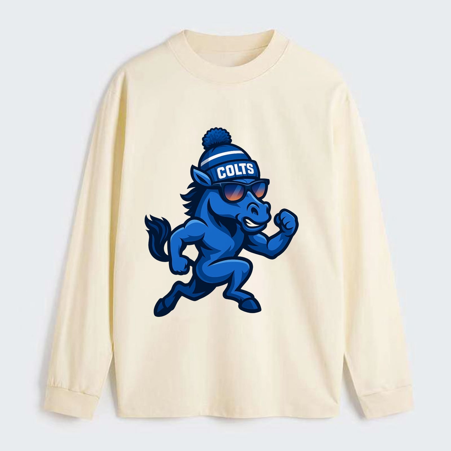 Indianapolis Colt Horse wearing Colts blue and white beanie with pom - Classic Long Sleeve Shirt - Beige