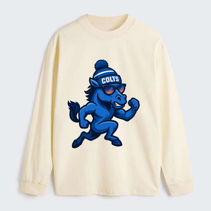 Indianapolis Colt Horse wearing Colts blue and white beanie with pom - Classic Long Sleeve Shirt - Beige