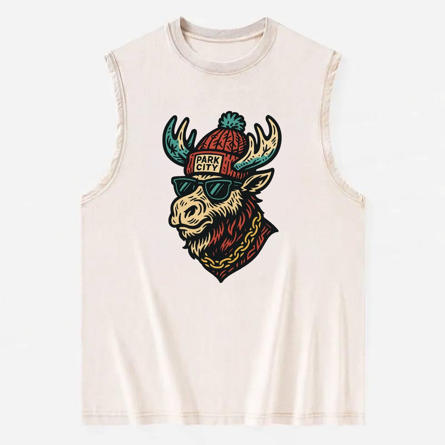 Park City Moose wearing Park City beanie with pom pom and wayfarer sunglasses - Vintage Washed Tank - Beige