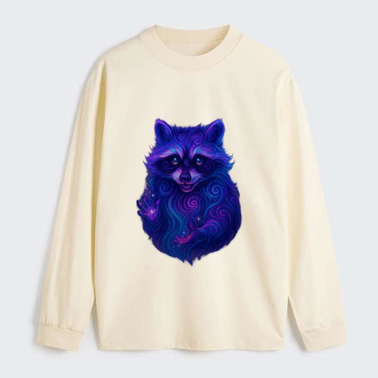 Playful raccoon with mask swirling in hypnotic patterns, neon purple - Classic Long Sleeve Shirt - Beige