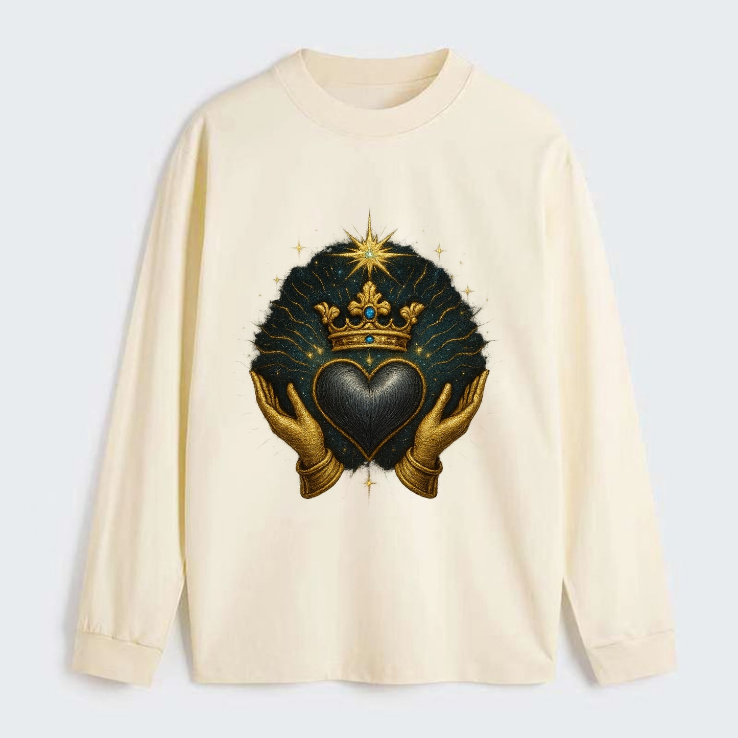 Pearl-studded tiara atop a satin-gunmetal heart supported by elegant - Classic Long Sleeve Shirt - Beige