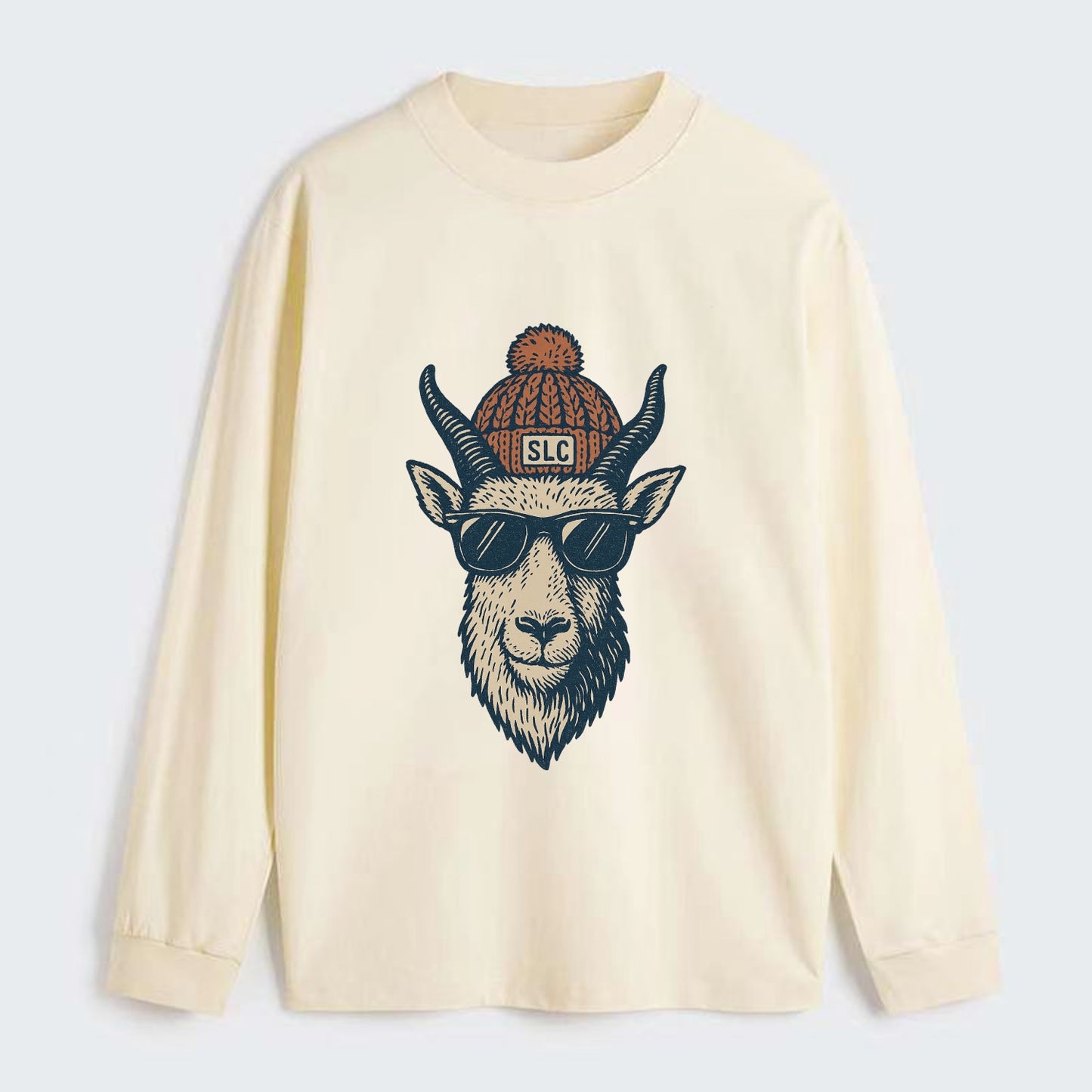 Salt Lake City Mountain Goat wearing SLC beanie with pom pom and - Classic Long Sleeve Shirt - Beige