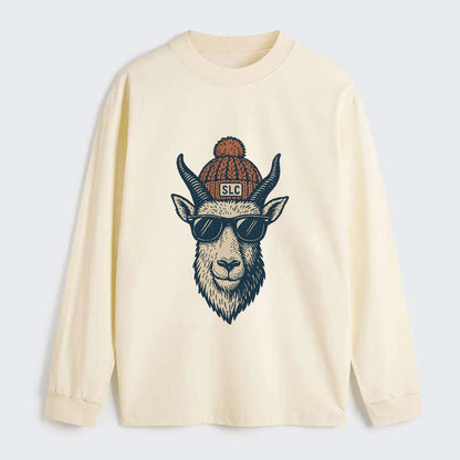 Salt Lake City Mountain Goat wearing SLC beanie with pom pom and - Classic Long Sleeve Shirt - Beige