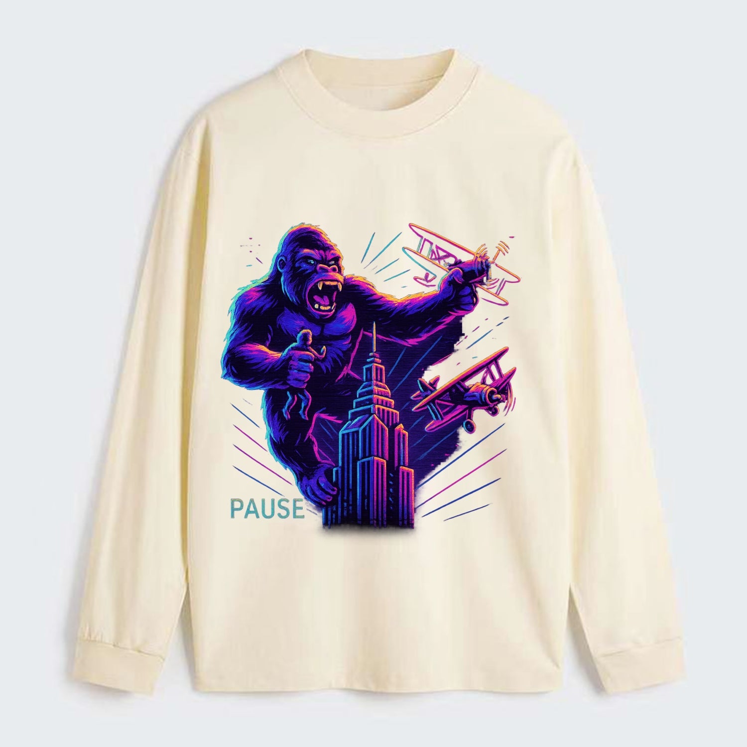 giant gorilla on top of skyscraper holding small figure, swatting planes - Classic Long Sleeve Shirt - Beige