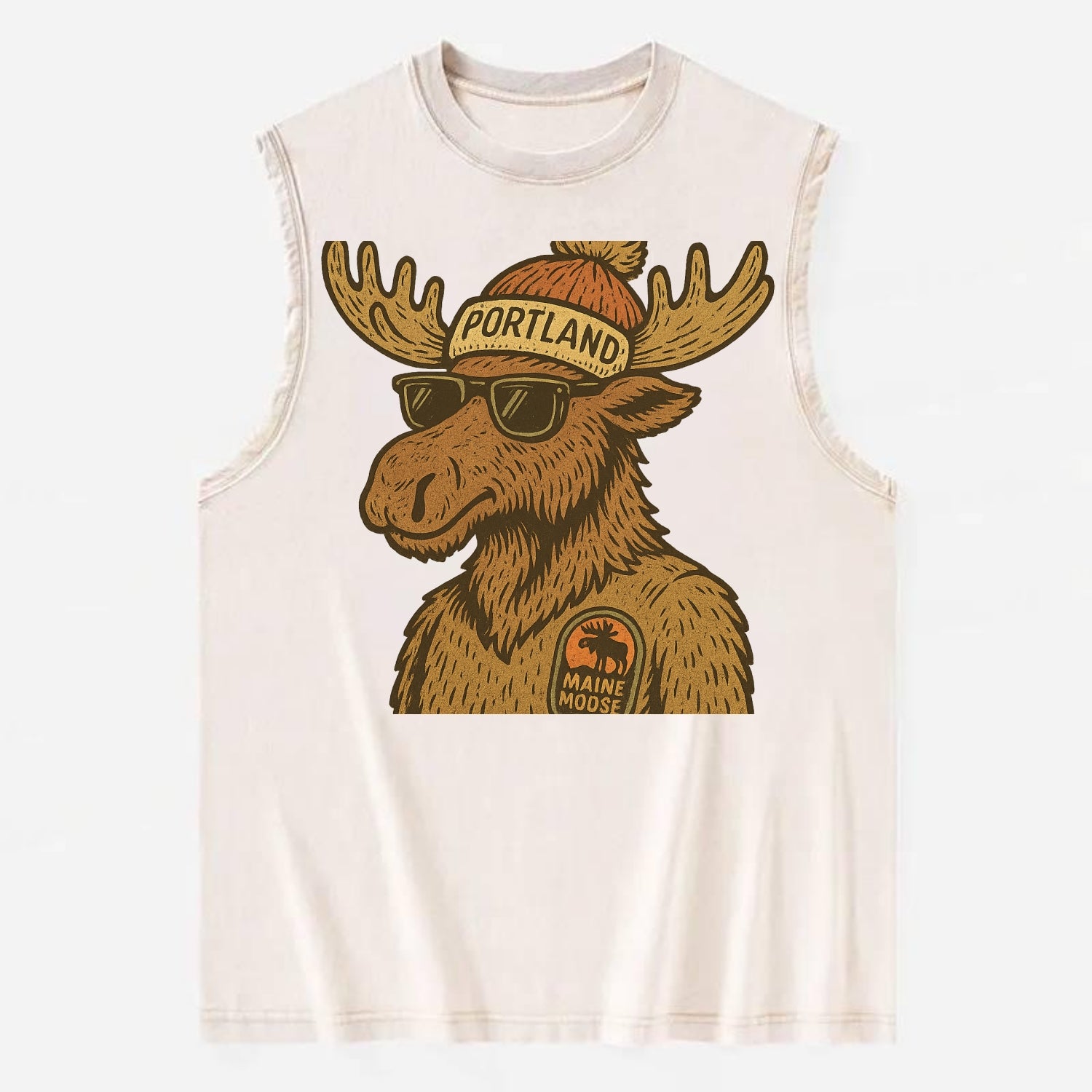 Maine Moose wearing Portland beanie with pom pom and wayfarer sunglasses - Vintage Washed Tank - Beige