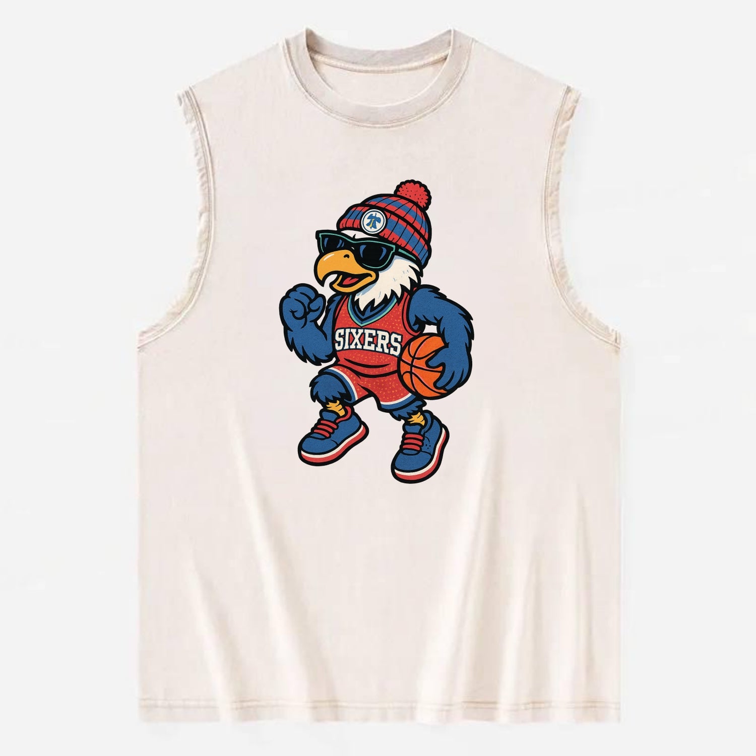 Philadelphia Eagle wearing 76ers red white and blue beanie with bell patch - Vintage Washed Tank - Beige