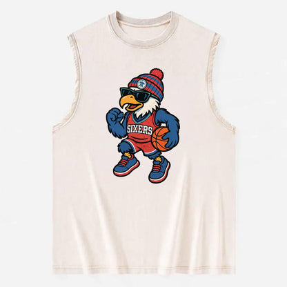 Philadelphia Eagle wearing 76ers red white and blue beanie with bell patch - Vintage Washed Tank - Beige