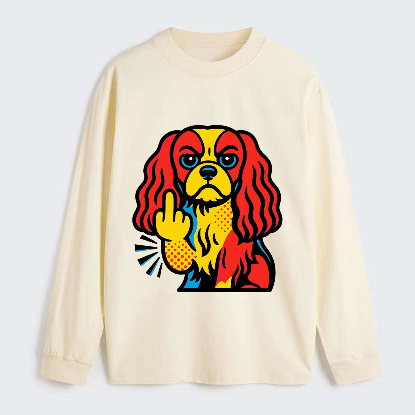 Cavalier King Charles Spaniel with long ears, regal paw giving finger - Classic Long Sleeve Shirt - Beige
