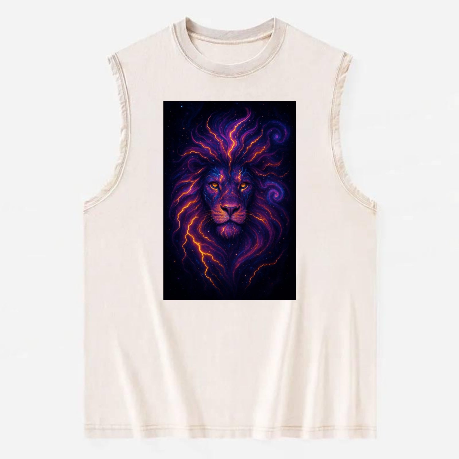 Regal lion with mane made of electric currents, neon yellow and hot pink - Vintage Washed Tank - Beige