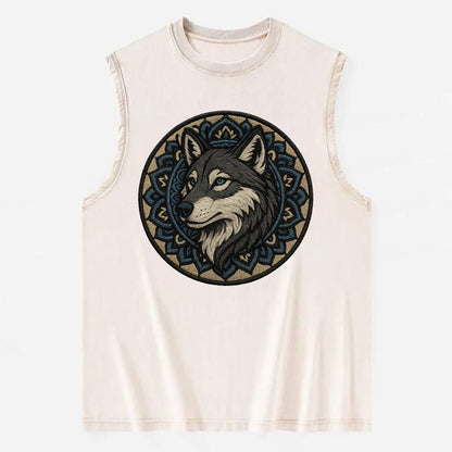 Mandala Wolf Pattern  - Vintage Washed Tank - Beige