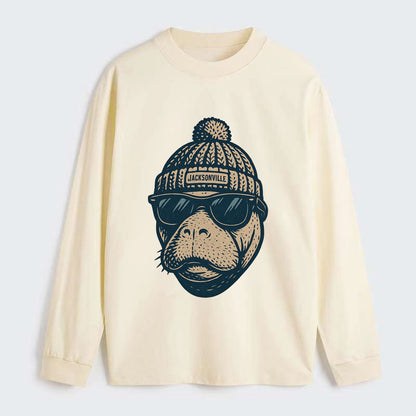 Jacksonville Manatee wearing Jacksonville beanie with pom pom and - Classic Long Sleeve Shirt - Beige