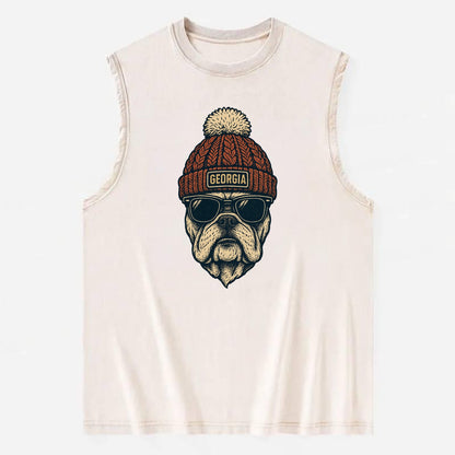 Athens Bulldog wearing Georgia beanie wi - Vintage Washed Tank - Beige