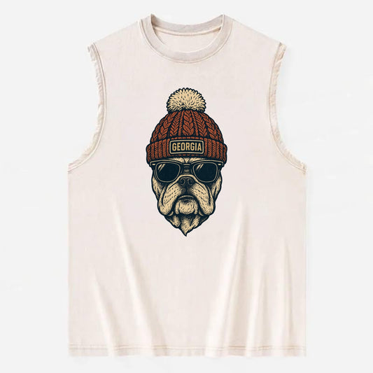 Athens Bulldog wearing Georgia beanie wi - Vintage Washed Tank - Beige