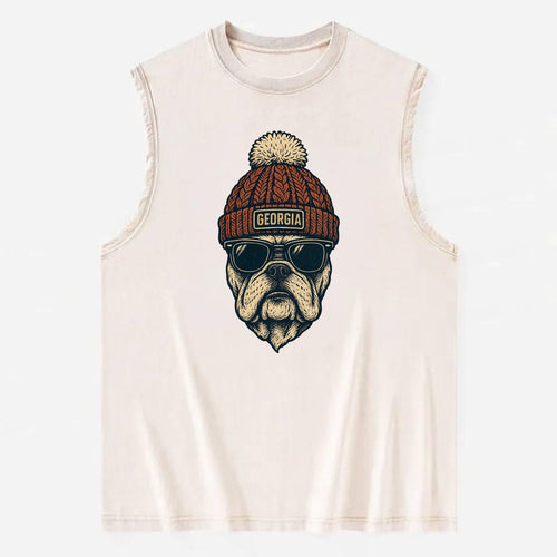 Athens Bulldog wearing Georgia beanie wi - Vintage Washed Tank