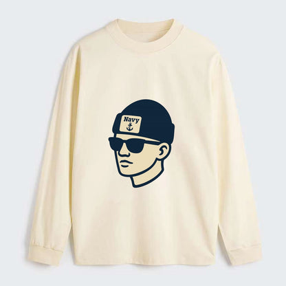 Annapolis Midshipman wearing Navy beanie with anchor patch - Classic Long Sleeve Shirt - Beige