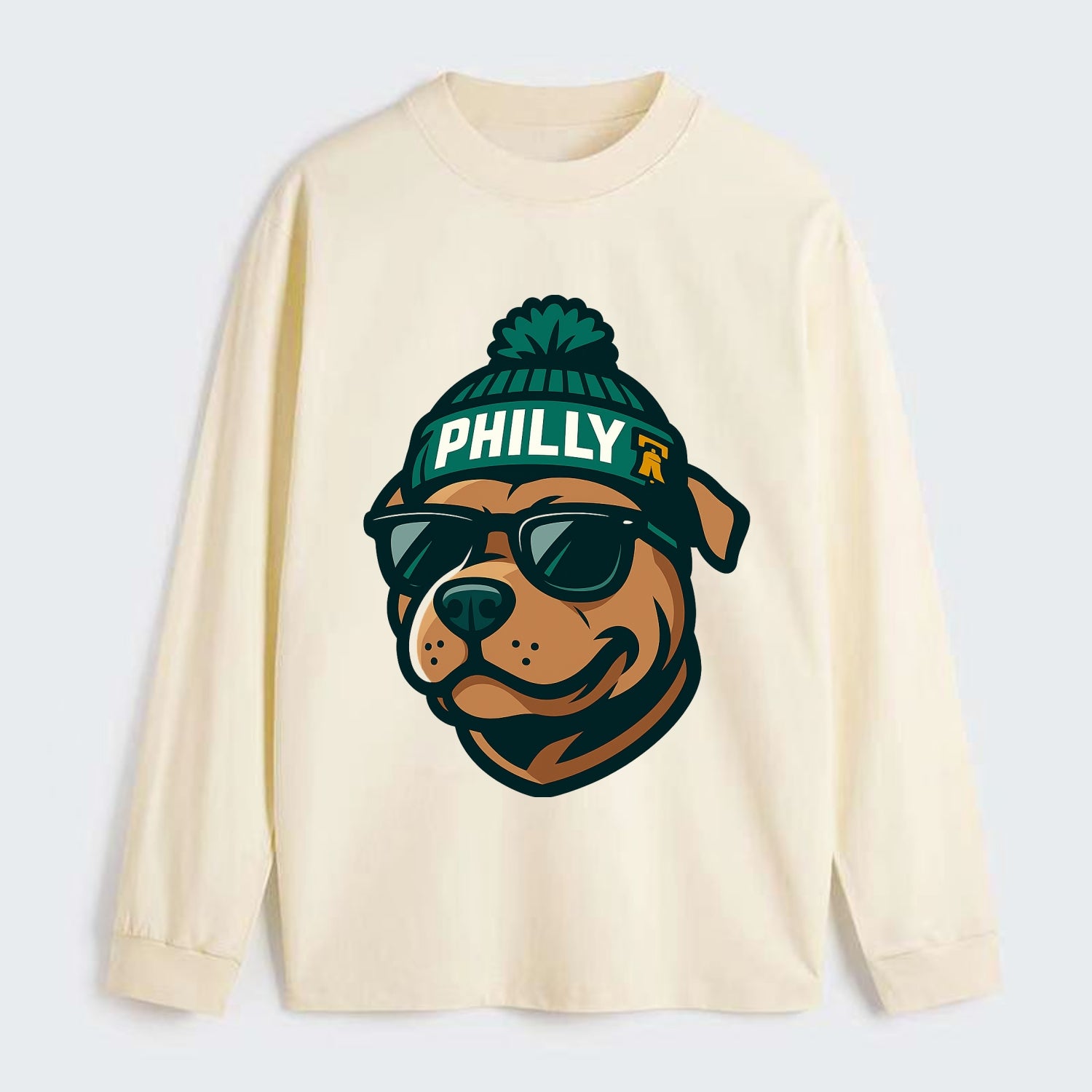 Philly Pitbull wearing Eagles beanie with Liberty Bell patch and - Classic Long Sleeve Shirt - Beige
