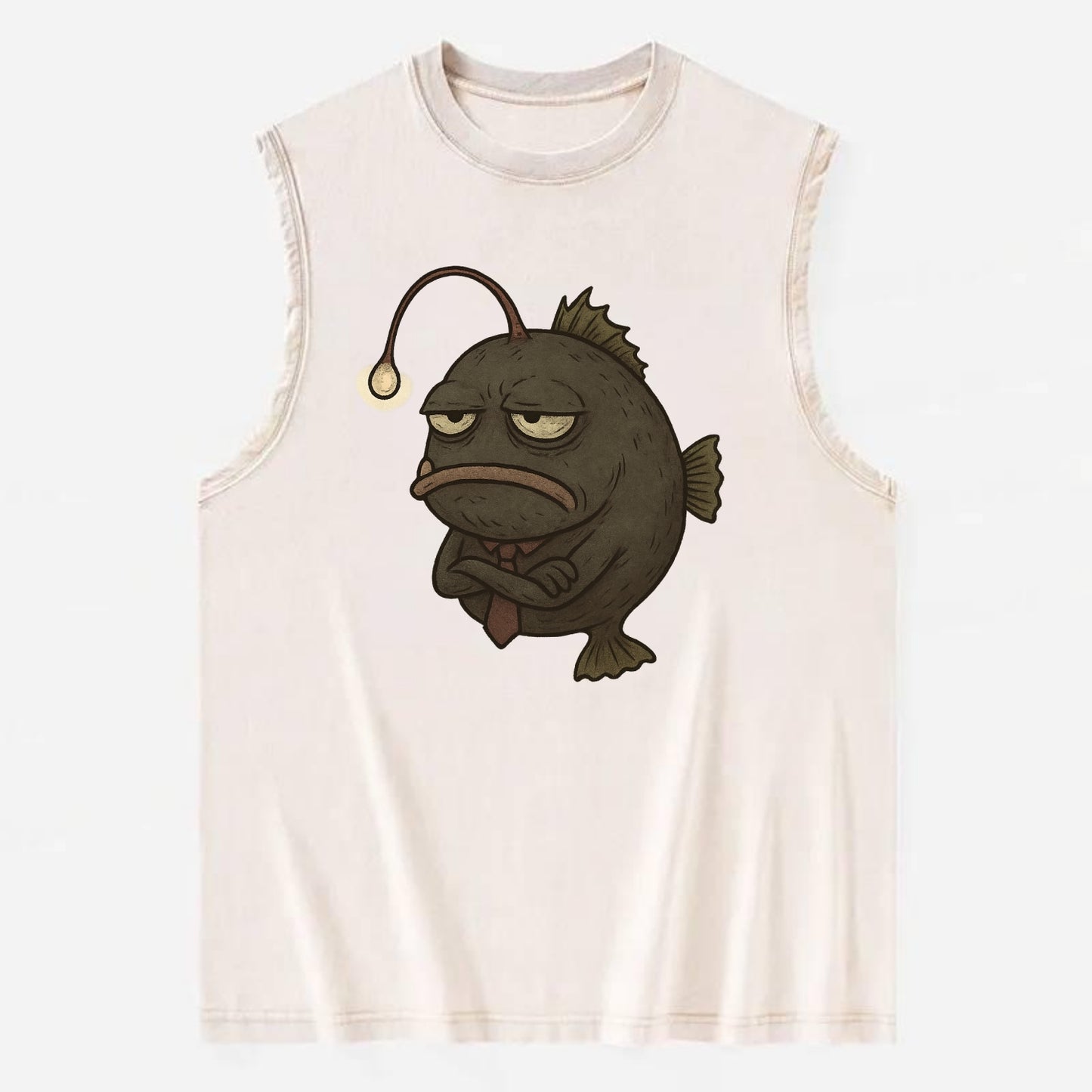 THE ANGLERFISH LURES DISAPPOINTMENT | Dark gray anglerfish with dim light - Vintage Washed Tank - Beige