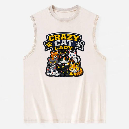 CRAZY CAT LADY - cat pile in multicolor , cat collector - Vintage Washed Tank - Beige