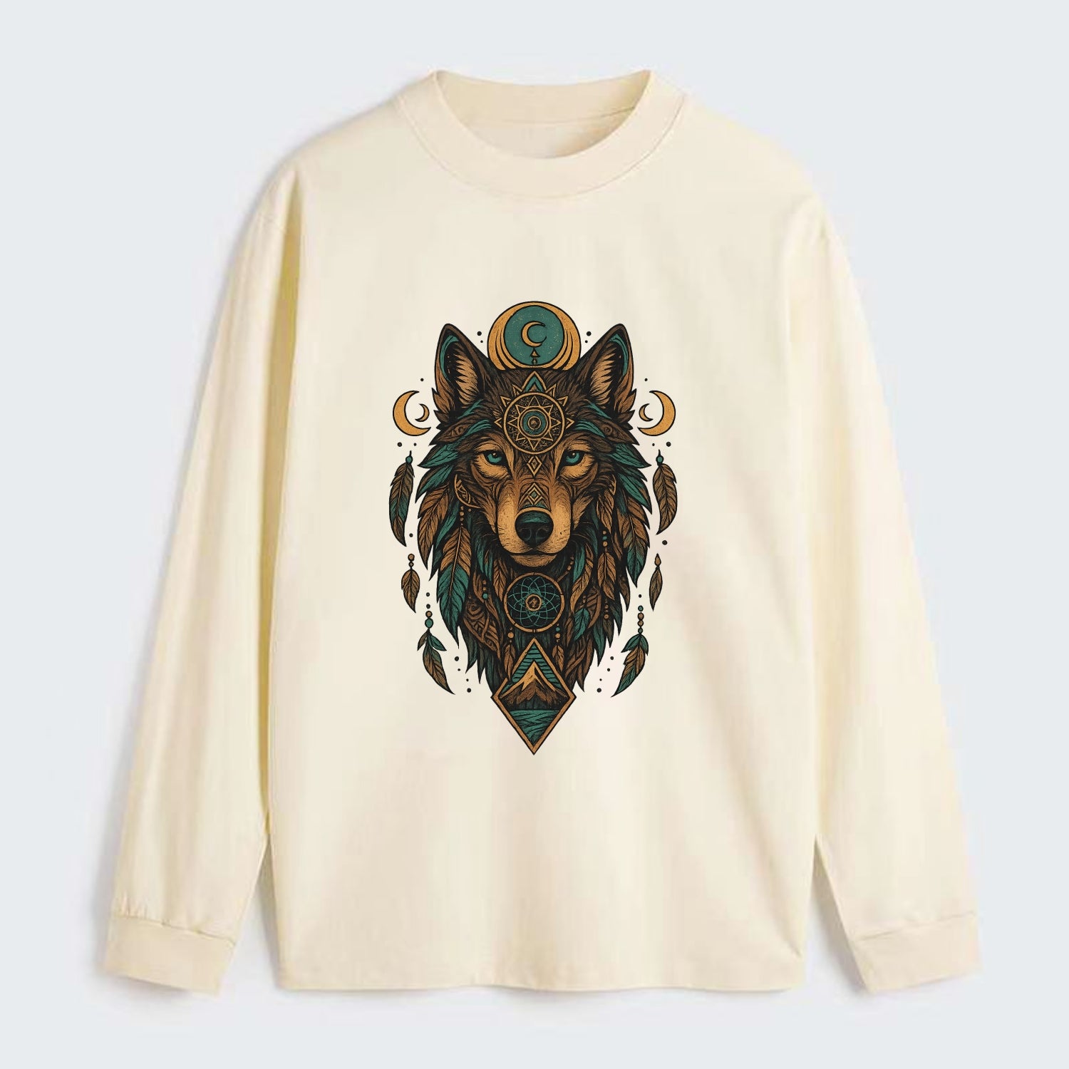 Retro 80s Wolf  - Classic Long Sleeve Shirt - Beige