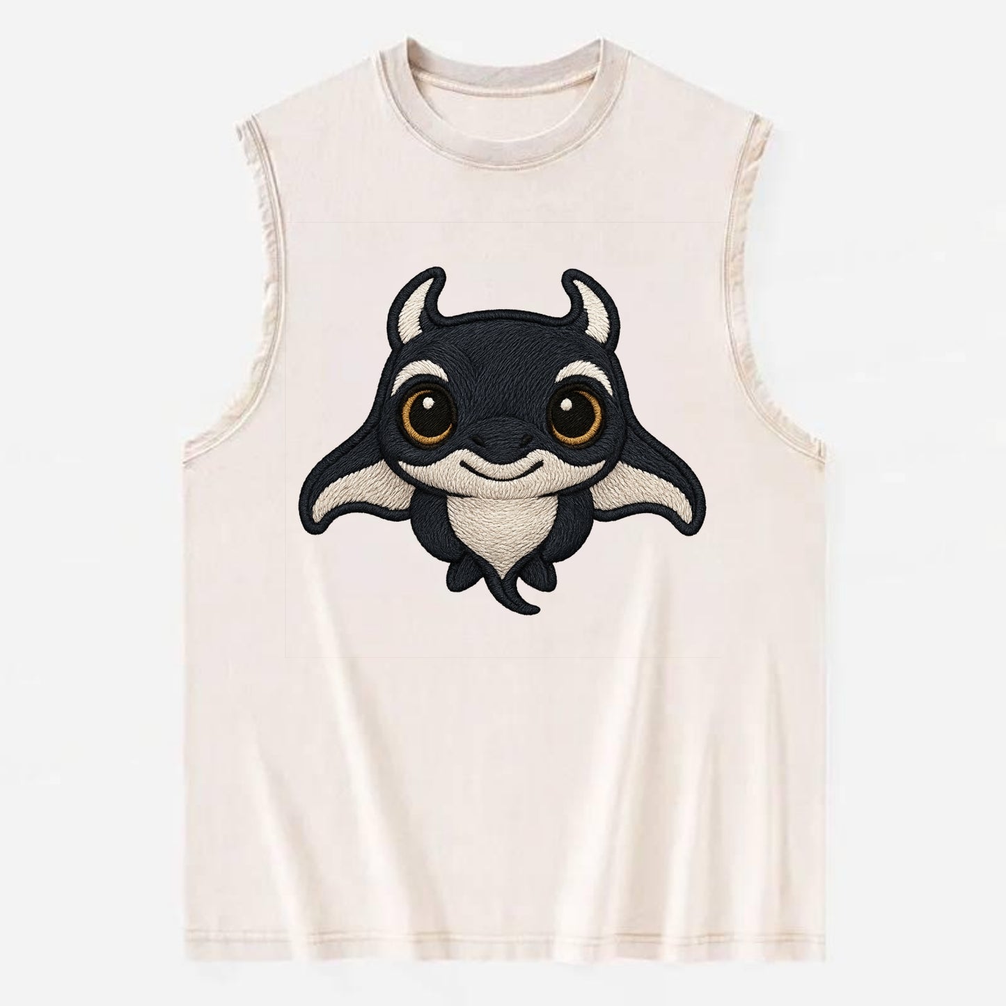 Baby Manta Ray - dark with white markings, cephalic fins, gentle eyes, - Vintage Washed Tank - Beige