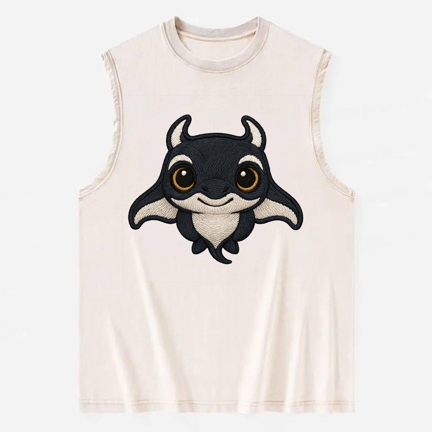Baby Manta Ray - dark with white markings, cephalic fins, gentle eyes, - Vintage Washed Tank - Beige