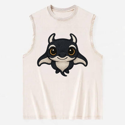 Baby Manta Ray - dark with white markings, cephalic fins, gentle eyes, - Vintage Washed Tank - Beige