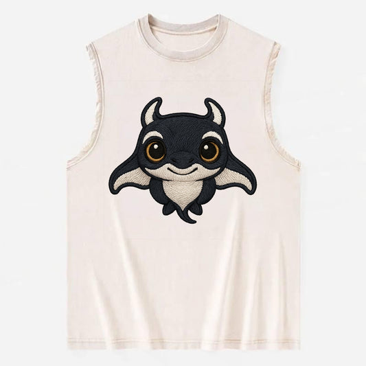 Baby Manta Ray - dark with white markings, cephalic fins, gentle eyes, - Vintage Washed Tank - Beige