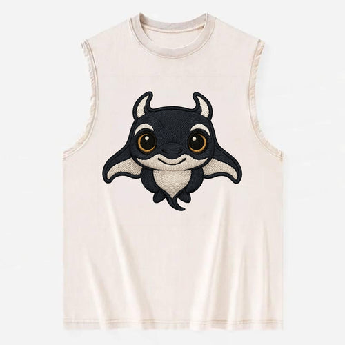 Baby Manta Ray - dark with white markings, cephalic fins, gentle eyes, - Vintage Washed Tank