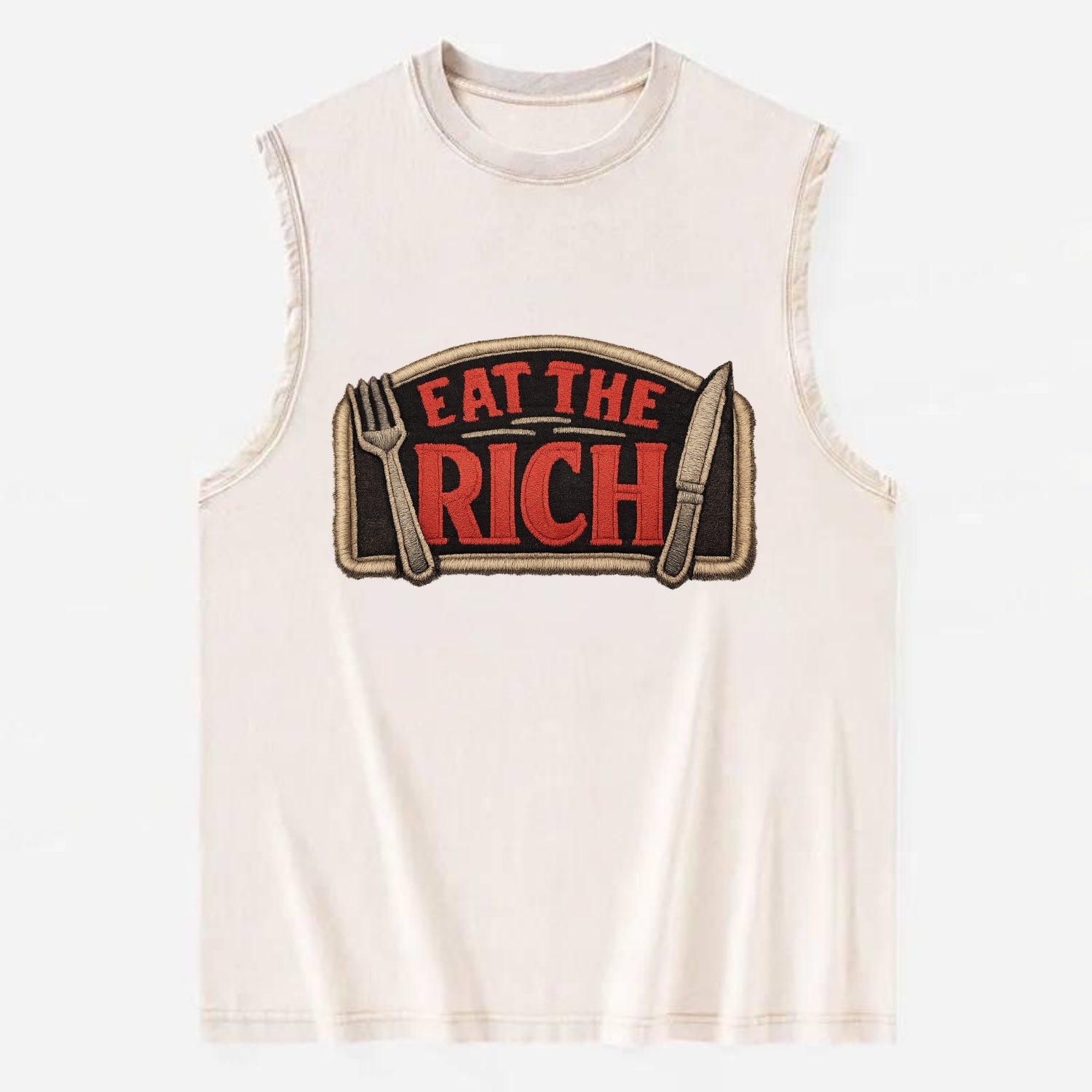 EAT THE RICH - fork and knife with text in red and silver , class war - Vintage Washed Tank - Beige