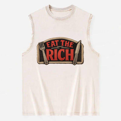 EAT THE RICH - fork and knife with text in red and silver , class war - Vintage Washed Tank - Beige