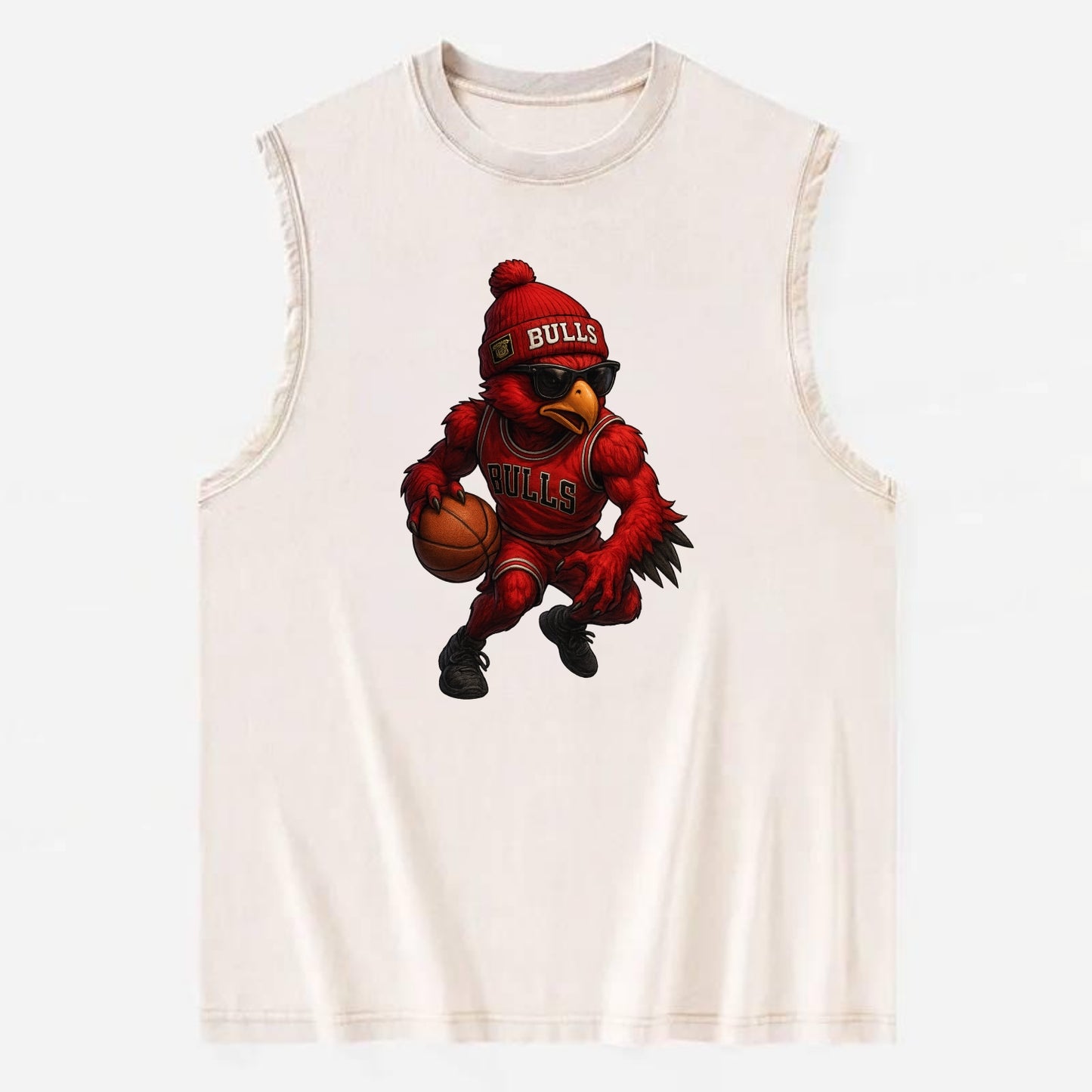 Windy City Hawk wearing Bulls beanie with six rings patch and wayfarer - Vintage Washed Tank - Beige