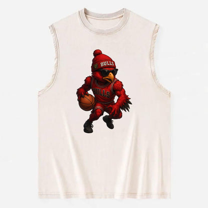 Windy City Hawk wearing Bulls beanie with six rings patch and wayfarer - Vintage Washed Tank - Beige
