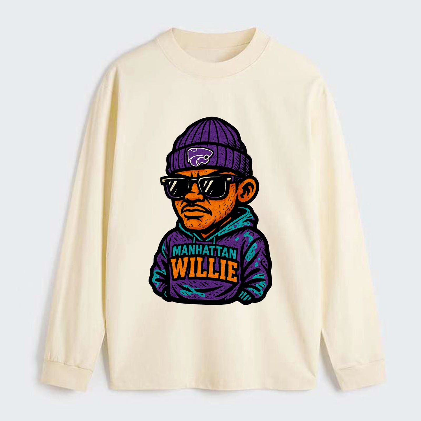 Manhattan Willie wearing Kansas State beanie with powercat patch - Classic Long Sleeve Shirt - Beige