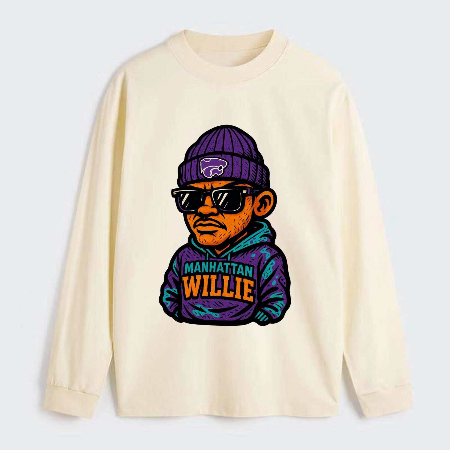Manhattan Willie wearing Kansas State beanie with powercat patch - Classic Long Sleeve Shirt - Beige