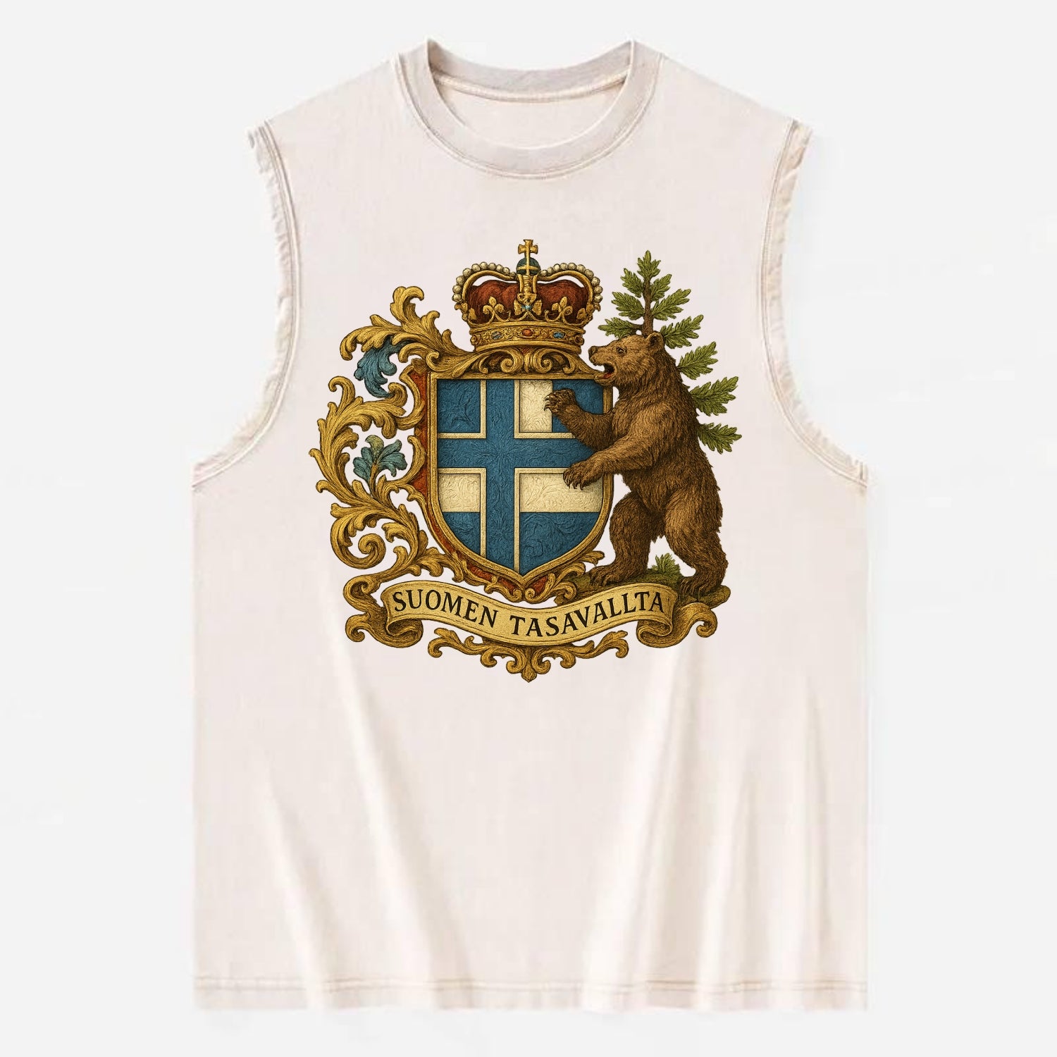 Finland Brown Bear Emblem  - Vintage Washed Tank - Beige