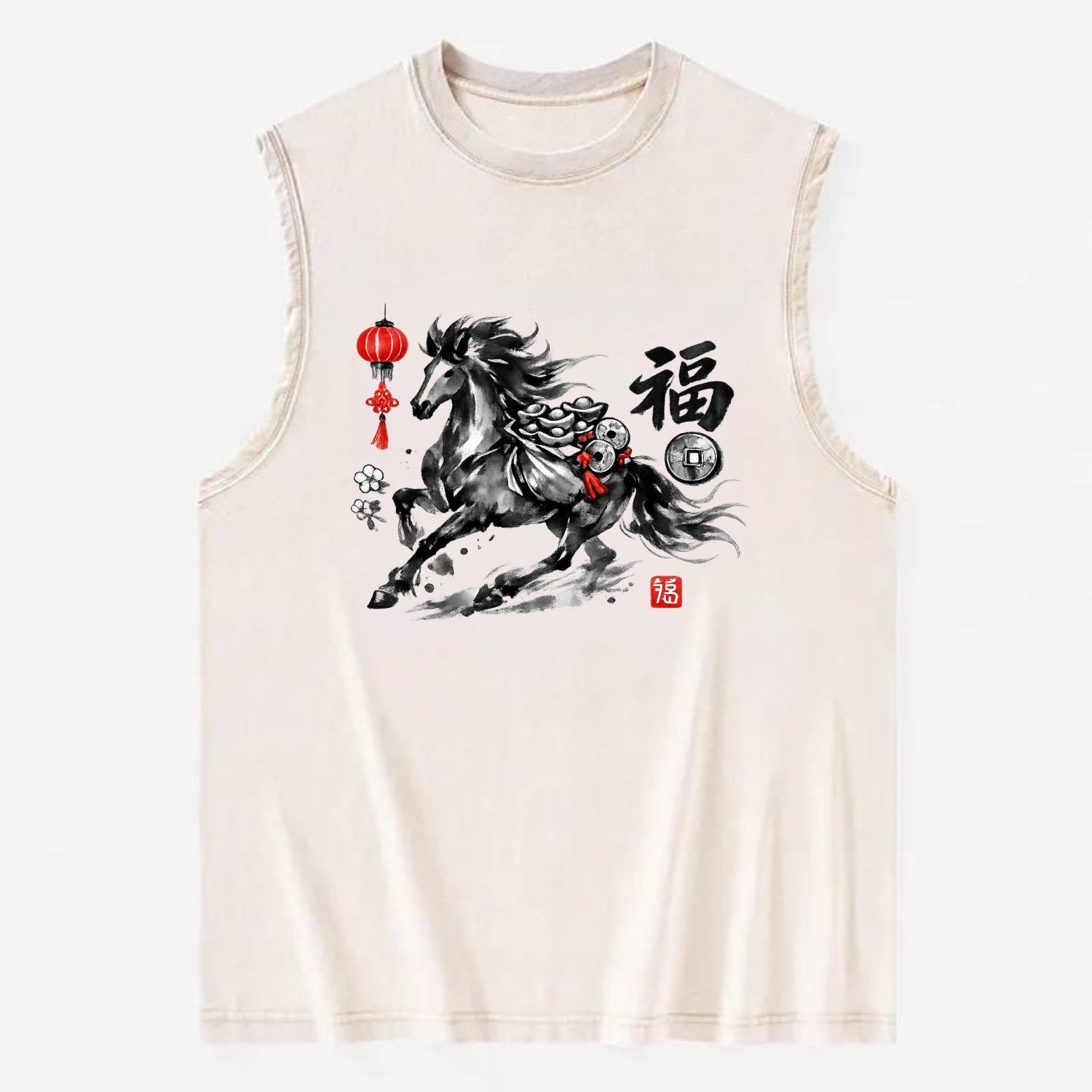 PROSPERITY HORSE | Horse carrying gold ingots and coins | Chinese knot - Vintage Washed Tank - Beige