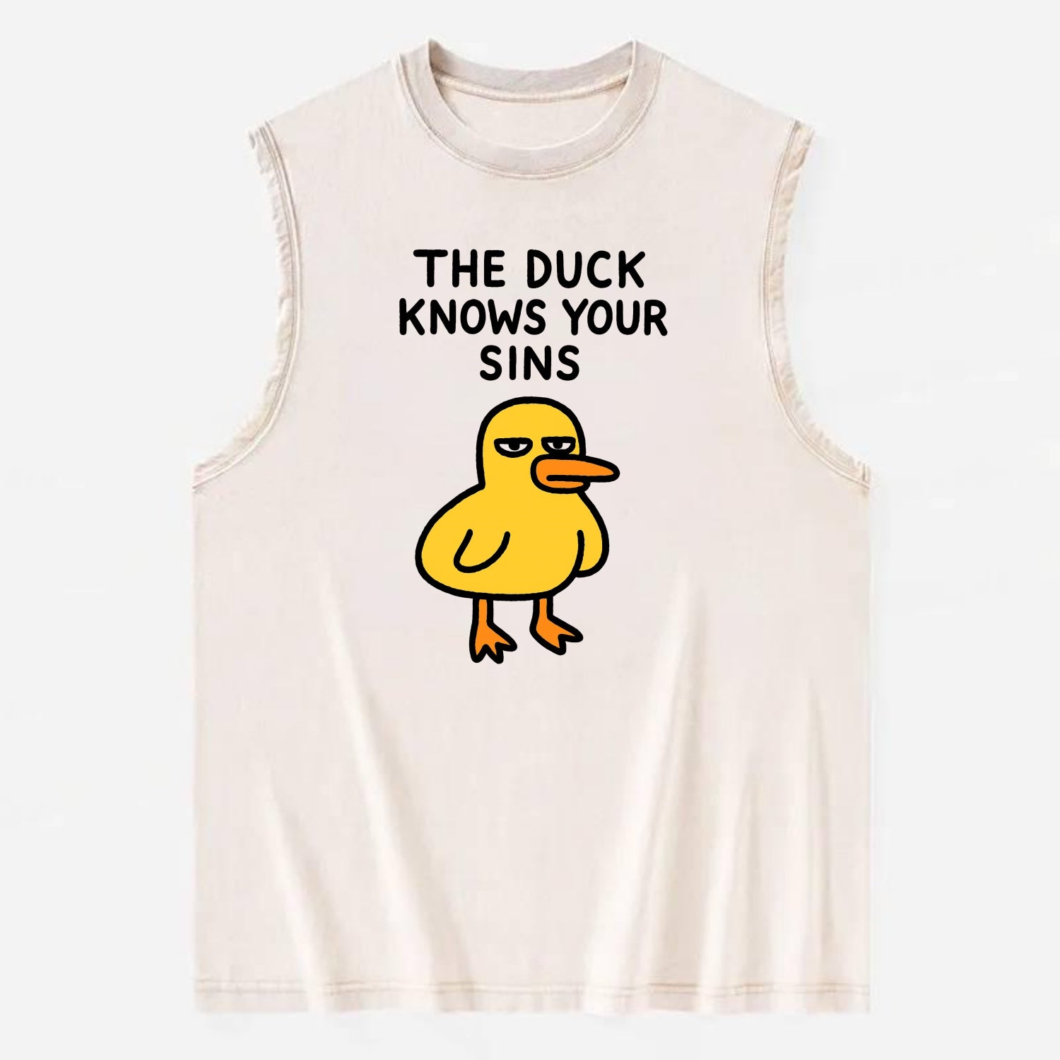 THE DUCK KNOWS YOUR SINS | Yellow duck with judgmental stare - Vintage Washed Tank - Beige