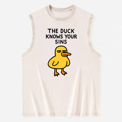 THE DUCK KNOWS YOUR SINS | Yellow duck with judgmental stare - Vintage Washed Tank - Beige