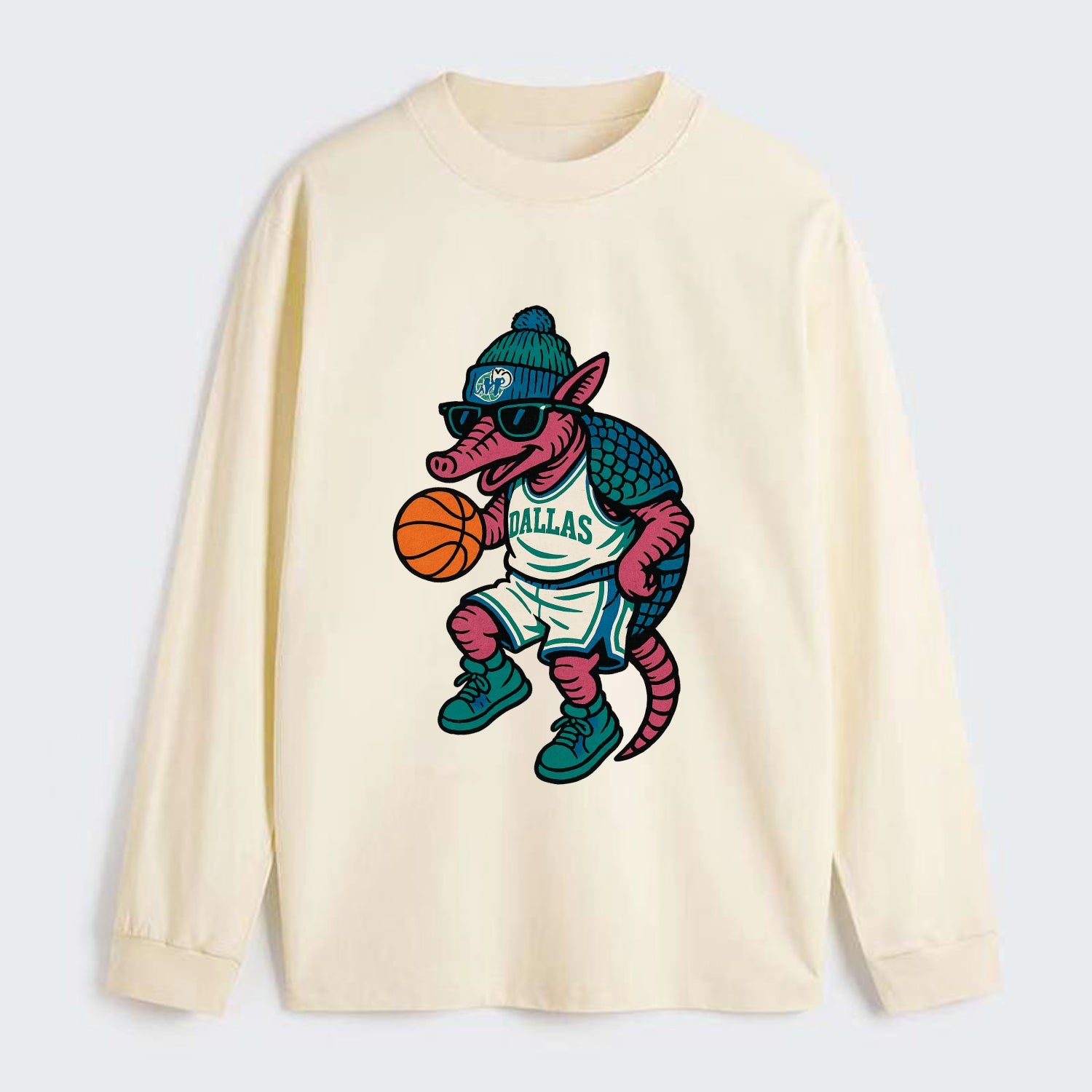 Dallas Armadillo wearing Mavericks beanie with cowboy hat patch and - Classic Long Sleeve Shirt - Beige