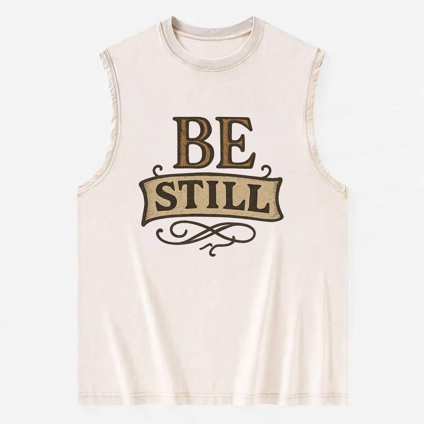 Bold typography design - "BE STILL" - quiet mind, meditation, inner peace - Vintage Washed Tank - Beige