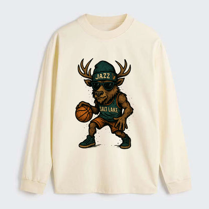 Salt Lake Elk wearing Jazz beanie with saxophone patch and wayfarer - Classic Long Sleeve Shirt - Beige