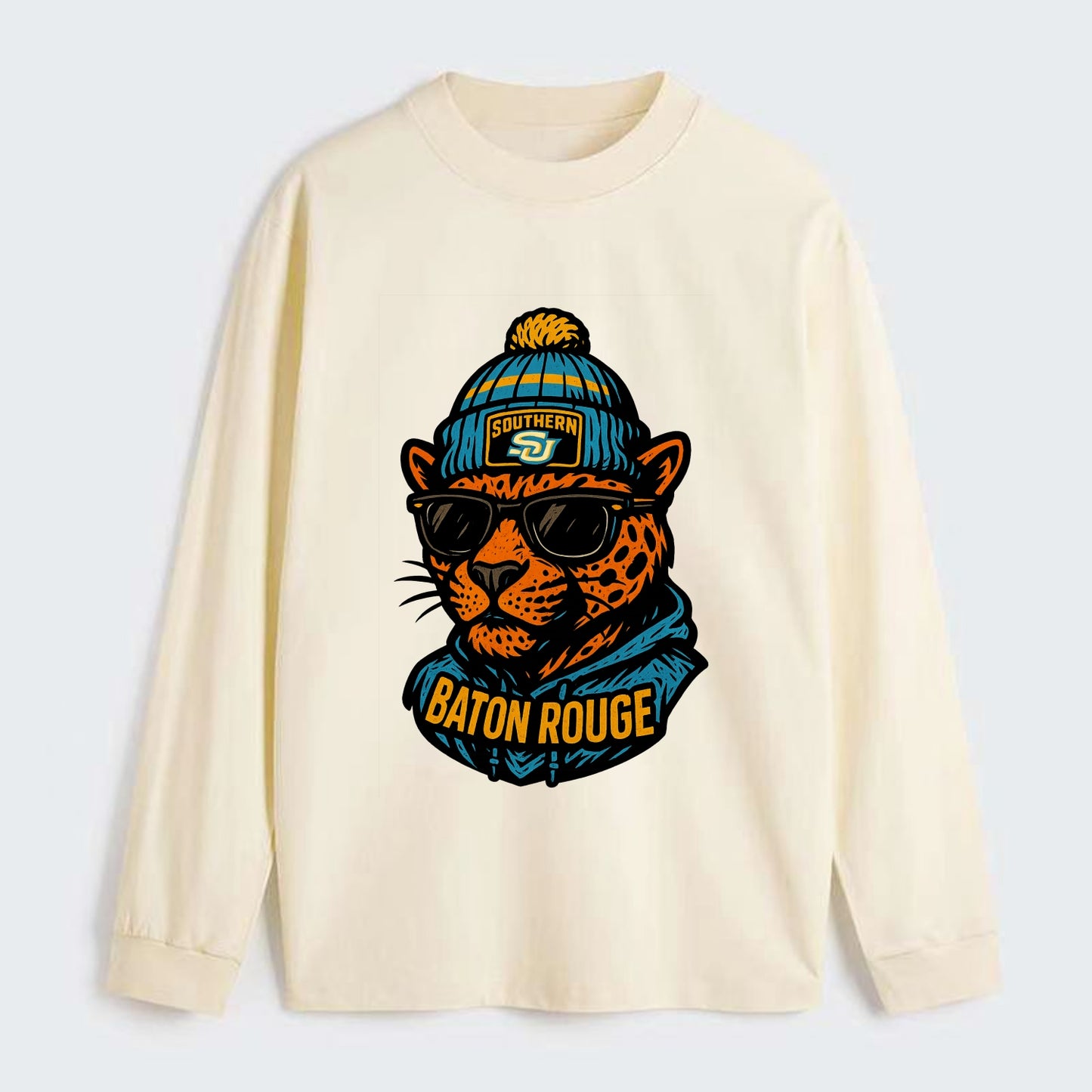 Baton Rouge Jaguar wearing Southern beanie with SU patch - Classic Long Sleeve Shirt - Beige