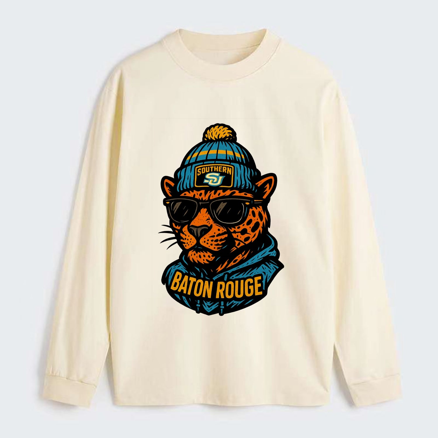 Baton Rouge Jaguar wearing Southern beanie with SU patch - Classic Long Sleeve Shirt - Beige