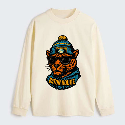 Baton Rouge Jaguar wearing Southern beanie with SU patch - Classic Long Sleeve Shirt - Beige