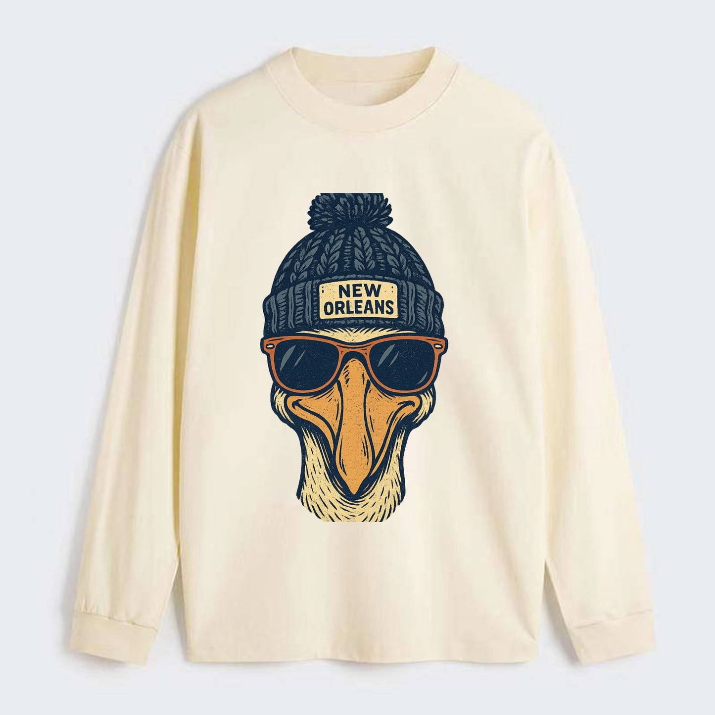 New Orleans Pelican wearing New Orleans beanie with pom pom and - Classic Long Sleeve Shirt - Beige