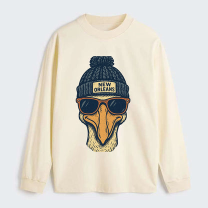 New Orleans Pelican wearing New Orleans beanie with pom pom and - Classic Long Sleeve Shirt - Beige