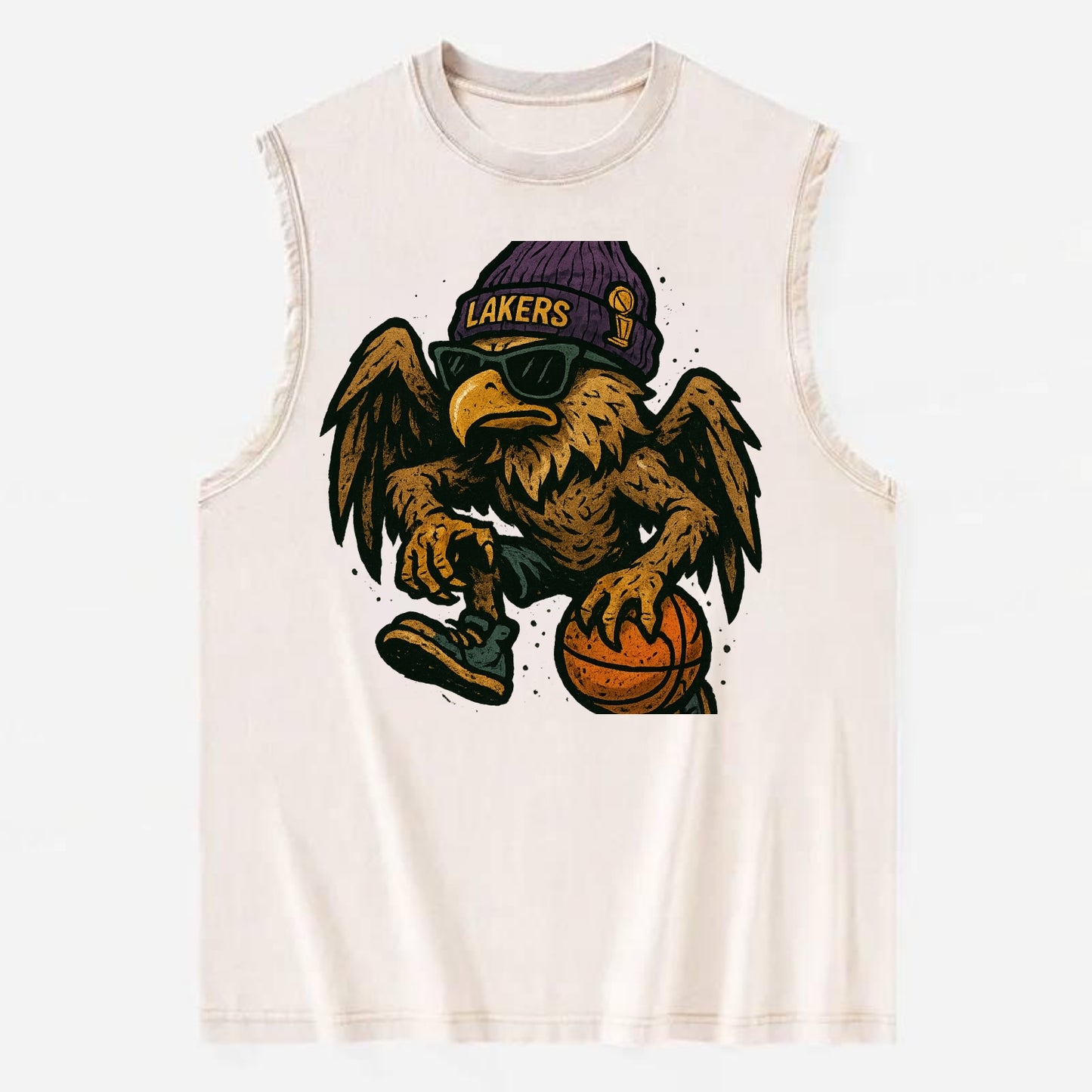 Los Angeles Golden Eagle wearing Lakers beanie with trophy patch and wayfarer - Vintage Washed Tank - Beige