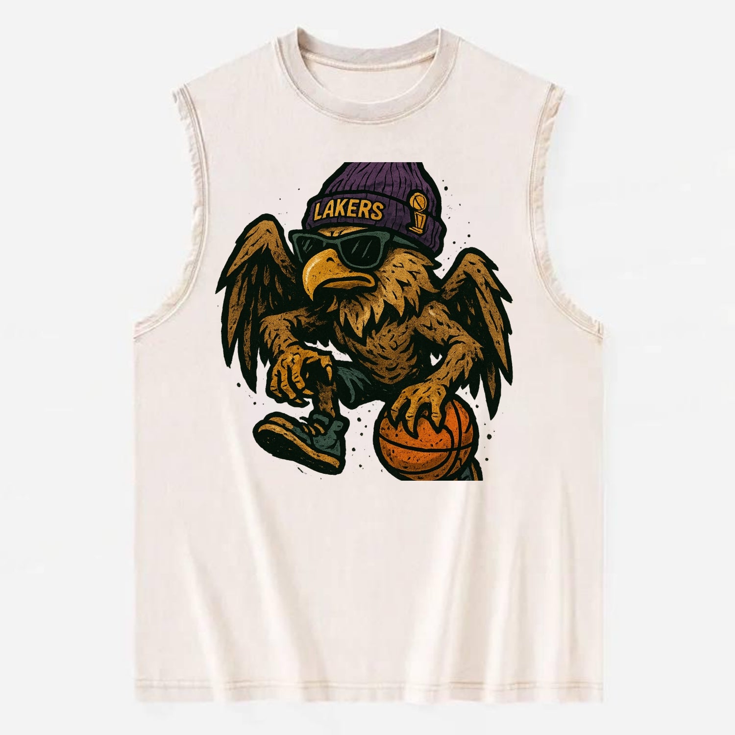 Los Angeles Golden Eagle wearing Lakers beanie with trophy patch and wayfarer - Vintage Washed Tank - Beige
