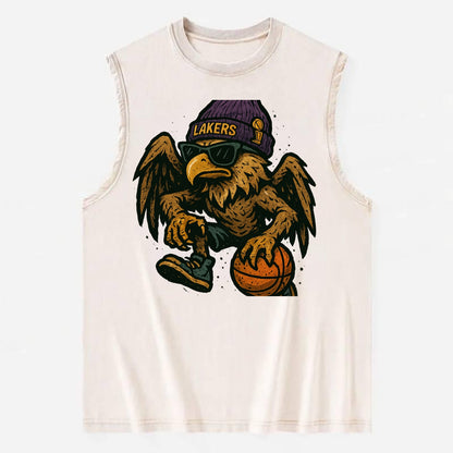 Los Angeles Golden Eagle wearing Lakers beanie with trophy patch and wayfarer - Vintage Washed Tank - Beige