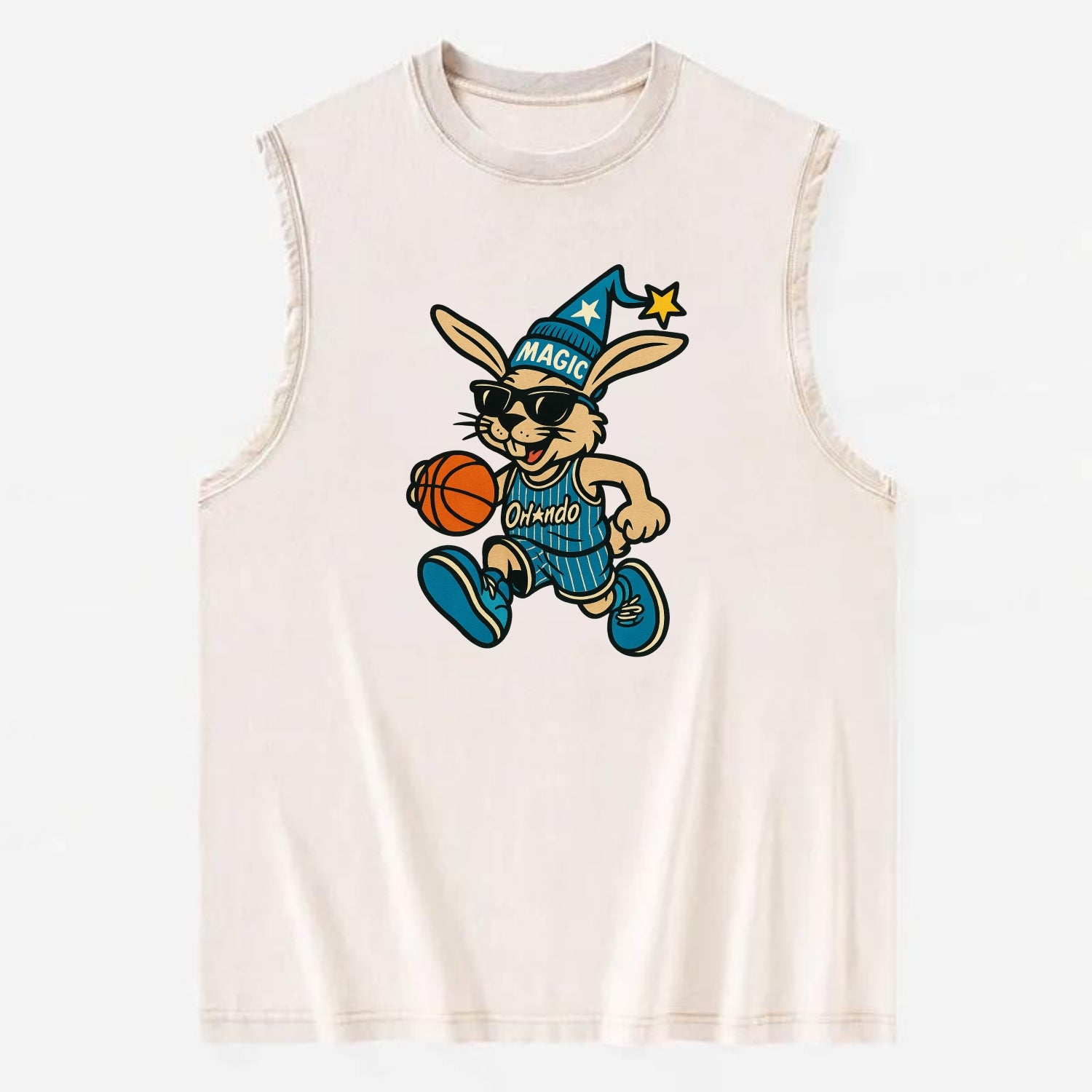 Orlando Rabbit wearing Magic blue and silver beanie with wizard hat and - Vintage Washed Tank - Beige